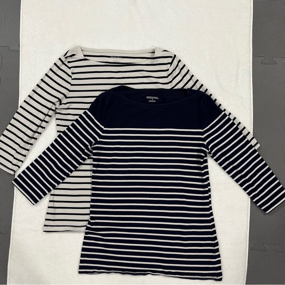 Merona Brand Striped Elbow Sleeved TShirt 2Pc - Size S, Navy/White